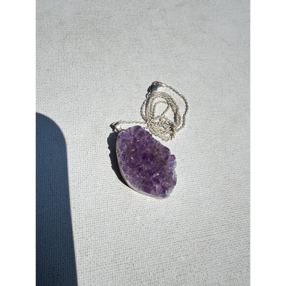 Amethyst Druzy Crystal Pendant Necklace Sterling Silver Chain - New Old Stock - Picture 6 of 6